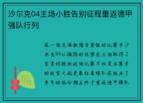 沙尔克04主场小胜告别征程重返德甲强队行列